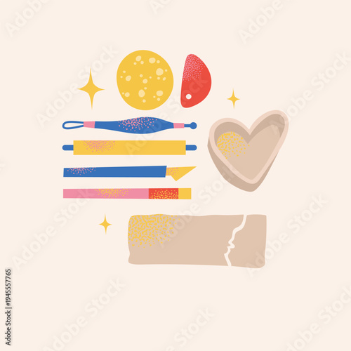 Ceramic Pottery Craft Tools Vector Set with Clay Block, Rolling Pin, Ribbon Tool, Kidney Scraper, Sponge, and Heart-Shaped Bowl in Hand-Drawn Flat Style for Hobby Workshop and Handmade Studio Design