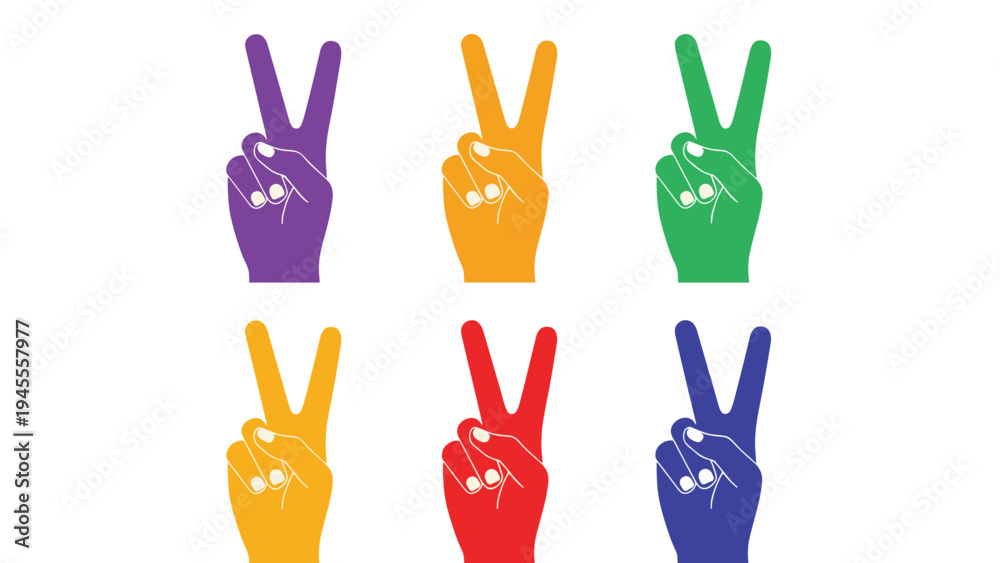 Fototapeta premium Six hands making the peace sign or v sign in a pop art grid layout with vibrant purple orange green yellow red and blue colors.
