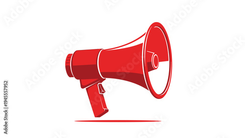 Bold red megaphone or bullhorn icon with white outlines shown at an angle on a clean white background with a shadow effect.