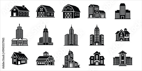 Collection of various city building silhouettes
