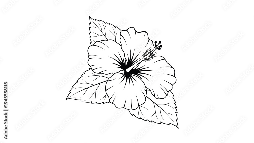 Fototapeta premium Detailed black and white line art drawing of a single hibiscus flower with several textured leaves on a plain white background.