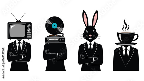Four surreal figures in black suits with objects for heads including a television a record player a rabbit and a hot coffee cup.