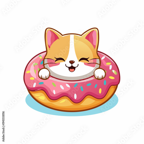 A happy cat cartoon character with a donut floatie around it