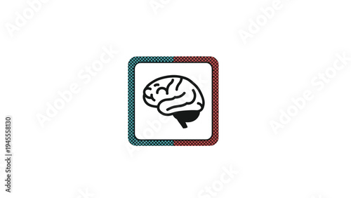 Simple black outline brain icon centered inside a rounded square frame with a textured blue and red checkered border on a white background.