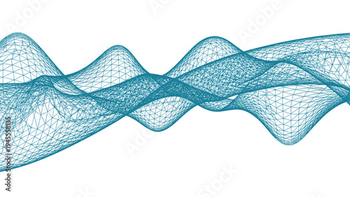 Abstract three dimensional wireframe mesh or grid forming wavy hills and valleys in a teal blue color against a clean white background.