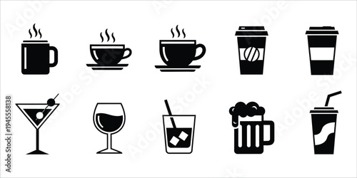 Variety of coffee and cocktail drinks icons