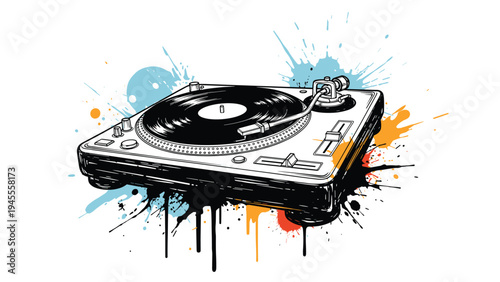 Artistic illustration of a vinyl record player or turntable with colorful paint splatters and ink drips in the background.