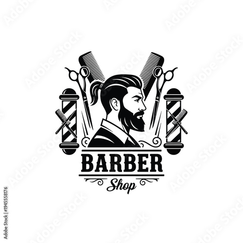 Retro Barbershop Emblem with Stylized Man, Grooming Tools, and Barber Poles - Professional Vector