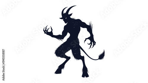 Silhouette of a menacing goat like demonic creature with large horns sharp claws and a long tail on a white background.