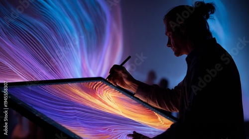 Artist creates digital art with vibrant colors in a dark studio during an evening session of creative work and exploration