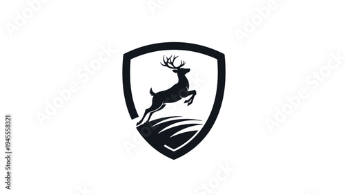 Minimalist deer silhouette jumping inside a protective shield emblem design representing wildlife conservation and nature hunting.