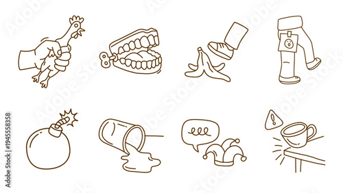 Funny prank icons and objects in brown line art for april fools