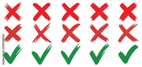 Set of hand drawn green check marks and red cross marks icons vector illustration eps 10
