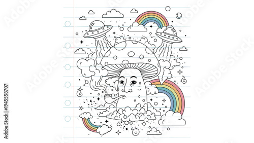 Whimsical doodle illustration on lined paper featuring a mushroom man smoking a pipe surrounded by UFOs, clouds, and rainbows.