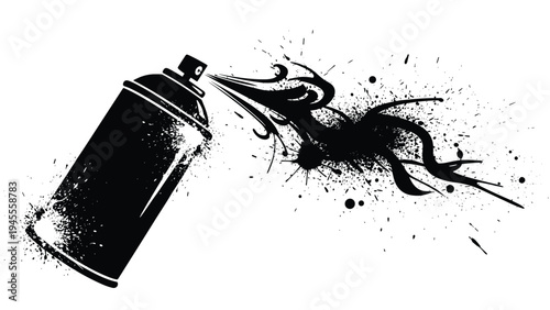 Silhouette of a spray paint can emitting a large artistic black splatter and curly ink drips on a white background for art.