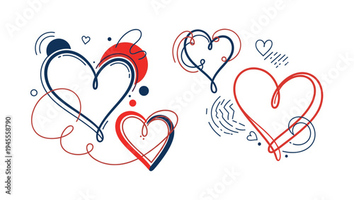 Collection of hand-drawn heart shapes in red and navy blue colors with abstract lines and circles on a white background.