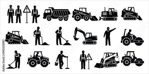 Construction workers and heavy machinery icons