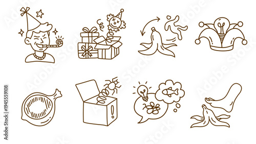 Funny celebration and prank elements for april fools day line art design