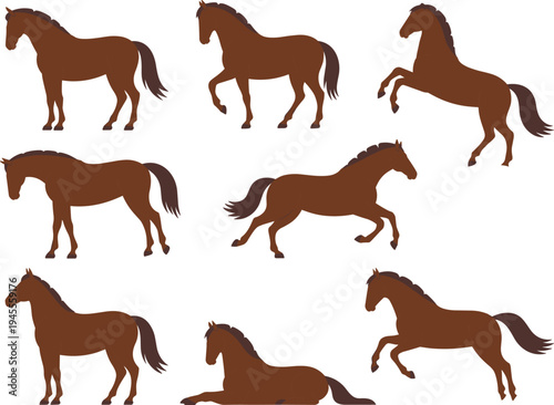 horse, silhouette, collection, running, horse, poses, equine, animal, vector, illustration, brown, horse, galloping, farm, animal, set, isolated, clipart, design, mascot