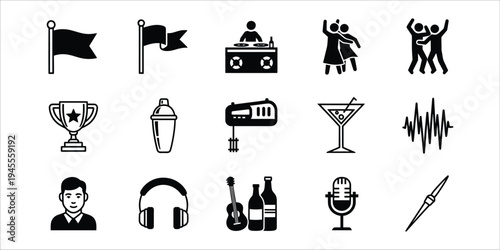 Collection of black icons on white background