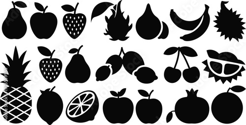 fruit, silhouette, icons, collection, black, fruit, vector, set, apple, banana, pineapple, strawberry, tropical, food, illustration, organic, healthy, isolated, clipart, design