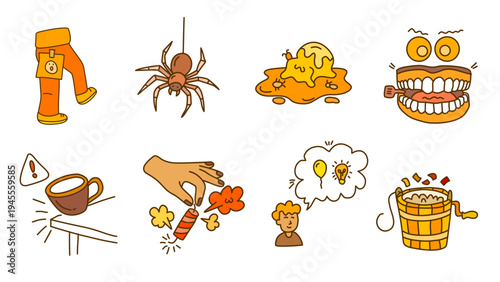 Funny prank icons and objects in orange line art for april fools