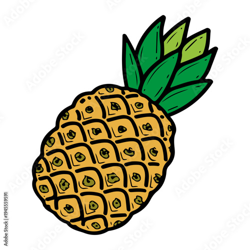 Fresh pineapple. Hand drawn flat vector. Juicy fruit. Sweet food. Vegetable dessert. Summer season. Organic market. Doodle illustration element.
