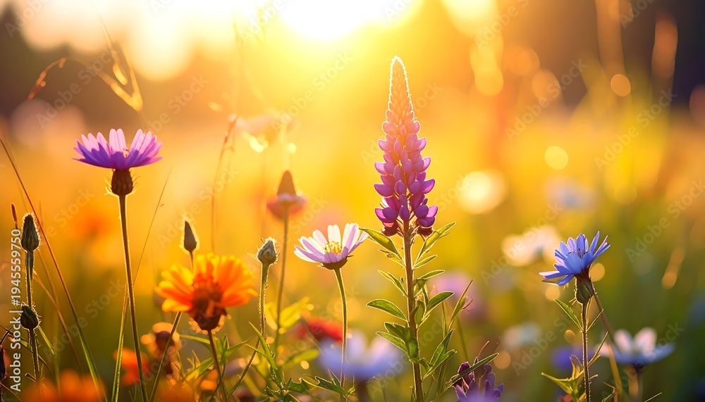 Fototapeta premium Vibrant wildflowers bathed in golden sunlight, a serene meadow scene.