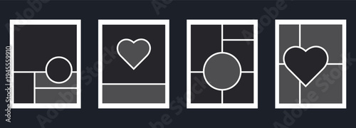 Vector empty collage board fourteen frames, photo. Photo collage grid. Vector. Mood board template. Set of blank mood board. Pictures on dark polygon background. Photography album 