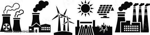 energy, power, industry, factory, electricity, renewable, solar, wind, nuclear, plant, pollution, industrial, silhouette, vector, illustration, black, environment, technology, generation, 
