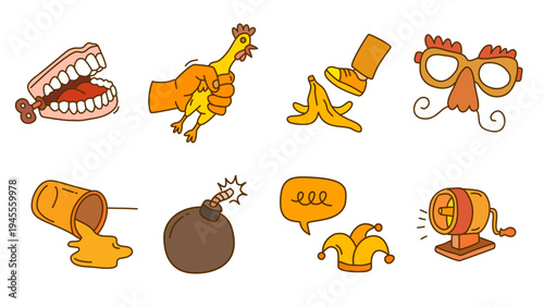 Funny april fools day prank objects with orange and yellow color accents