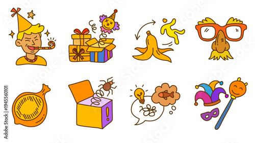 Colorful celebration and prank elements for april fools day line art design