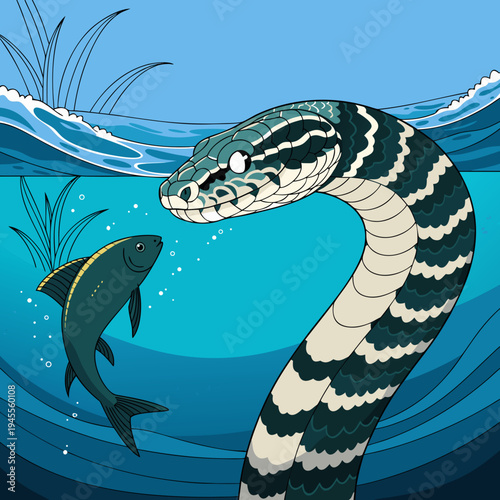 Illustration of a large snake and a fish in clear blue water