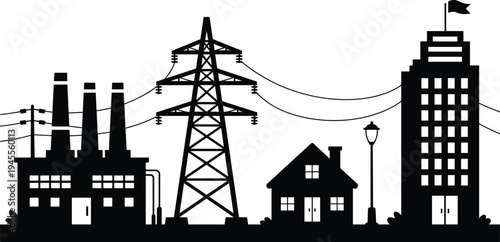 electricity, powerline, industry, factory, city, building, house, infrastructure, energy, utility, tower, transmission, silhouette, vector, illustration, black, urban, industrial, technology, grid
