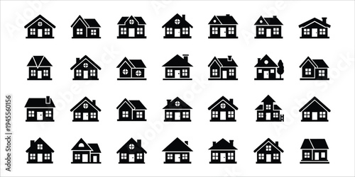 Collection of 25 simple house icons in black and white