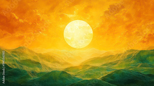 A serene mountain landscape at sunset with a vibrant orange sky