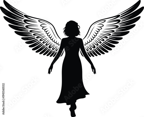 Angelic silhouette woman with large wings, spiritual guardian, heavenly figure, black angel outline, divine protection, fantasy celestial being illustration isolated