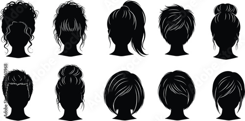 Women and men hairstyle silhouettes set, modern haircuts collection, ponytail bun pixie bob styles, black head icons vector illustration