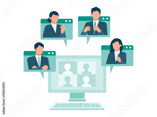 Digital interface of a video conference application on a desktop monitor showing a man and a woman communicating online for a remote business meeting