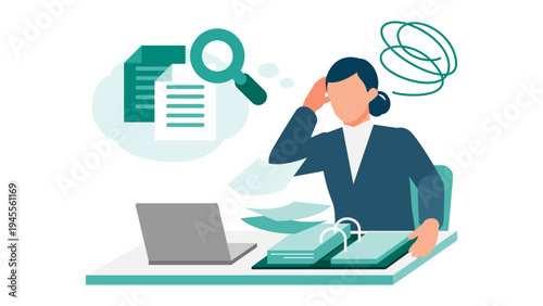 Overworked female office worker feeling confused and tired while trying to find important records in a large stack of paper files during a busy workday