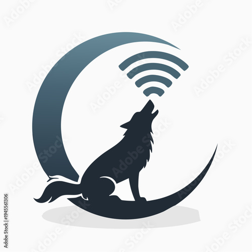 A wolf silhouette howling at a wifi signal symbol, connected arch