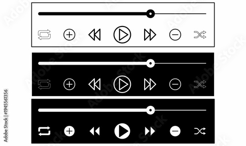 Media player control bar icon set with play, pause, forward, backward, shuffle, repeat, volume and progress slider. Outline and silhouette vector illustration for music, audio, video streaming