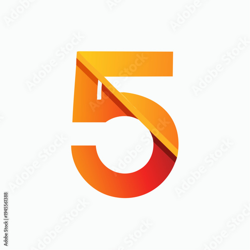 An orange 3D design, stylized number five against white