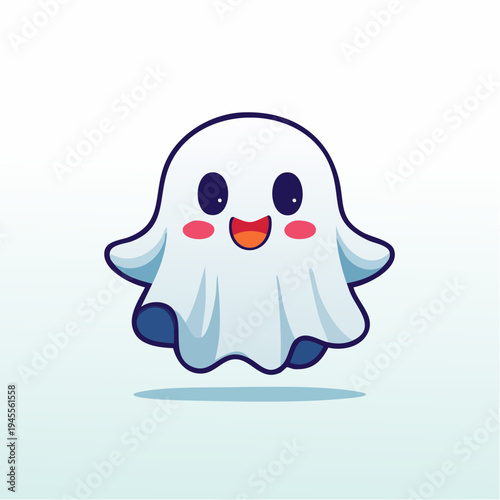 Smiling cartoon ghost with dark eyes, pink cheeks, and an orange mouth