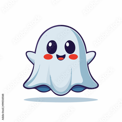 A cute cartoon ghost with big eyes and rosy cheeks is smiling