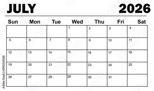 July 2026 Calendar – Clean Monthly Planner Template on White Background