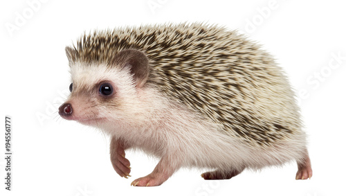 Isolated cute small African pygmy hedgehog with spiky quills standing, adorable pet animal