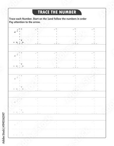 Number 1 Tracing Worksheet for Kids: Printable Preschool Handwriting Practice Activity Page
