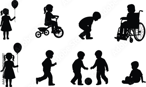 Children silhouettes collection playing walking cycling and disabled kid in wheelchair, kids activities black vector illustration isolated