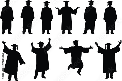 Graduation student silhouettes collection celebrating success wearing cap and gown jumping cheering academic achievement ceremony isolated vector illustration set